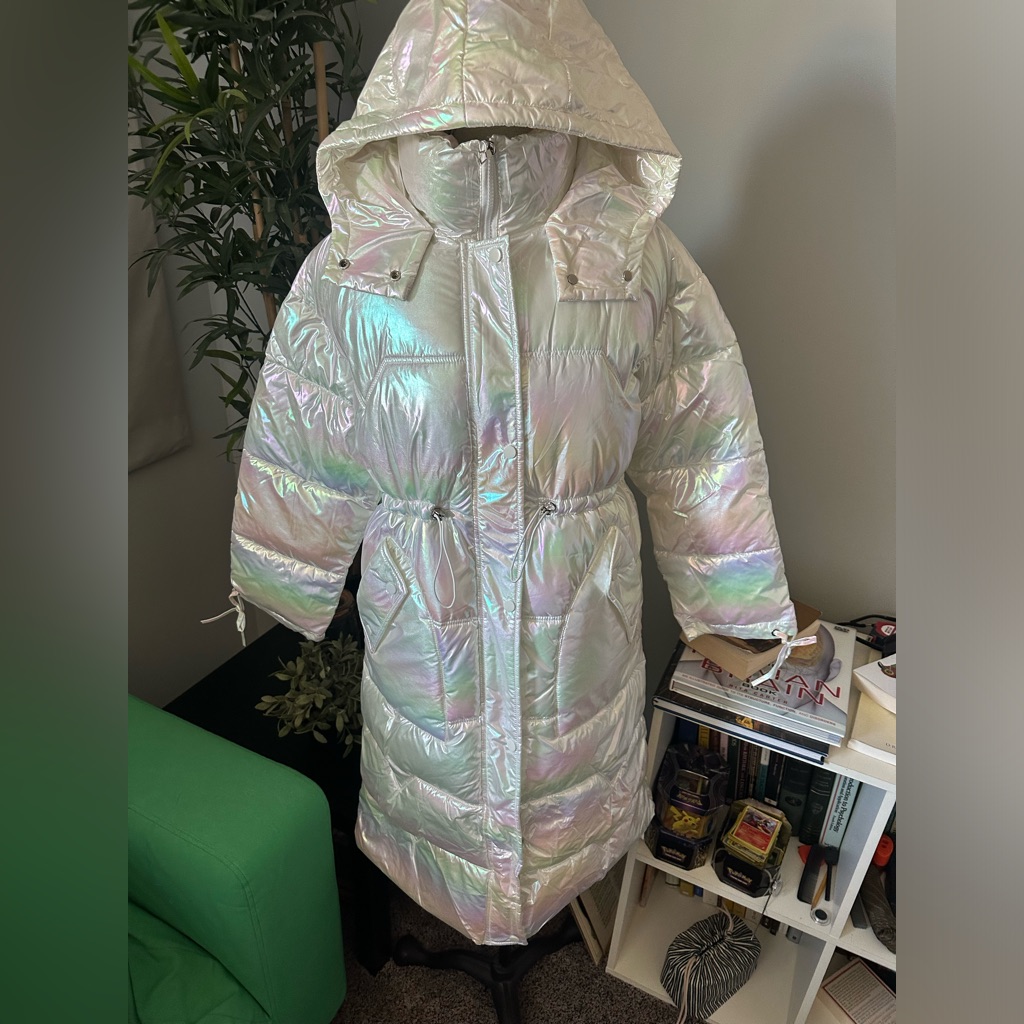 Coat Size Large Women Parka Puffer White Metallic Shimmer Long Thick Warm